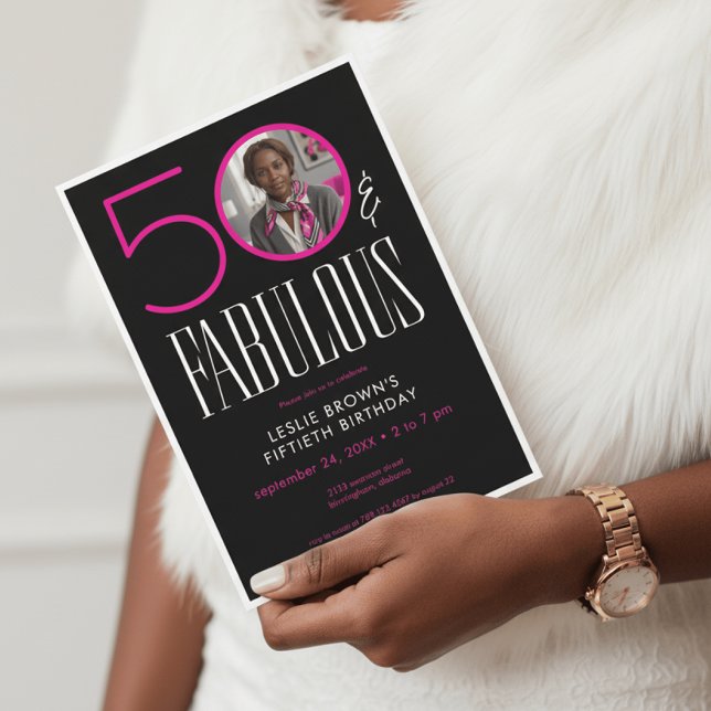 Modern Fifty Fabulous Pink White Photo Birthday Invitation (Creator Uploaded)