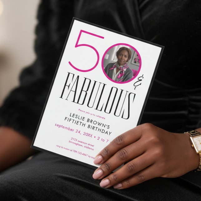 Modern Fifty Fabulous Pink White Photo Birthday Invitation (Creator Uploaded)