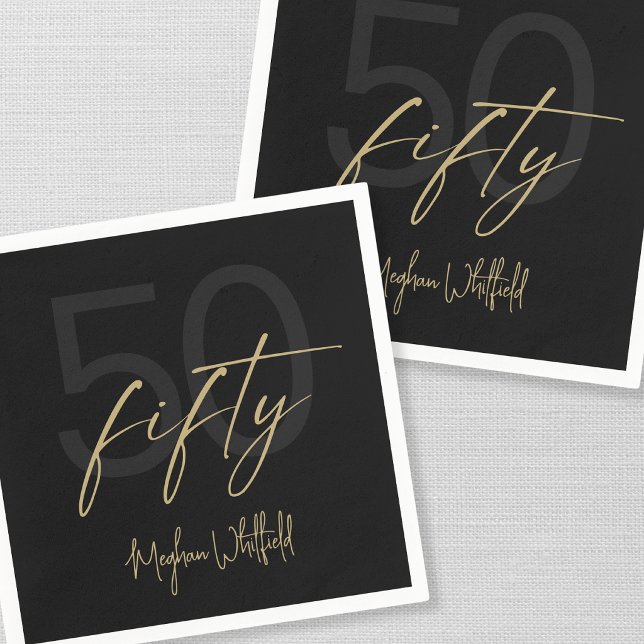 Modern Fifty Gold Script Black 50th Birthday Party Napkin (Creator Uploaded)