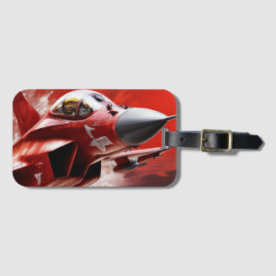 Modern Fighter Jet with Bold Red and White Luggage Tag
