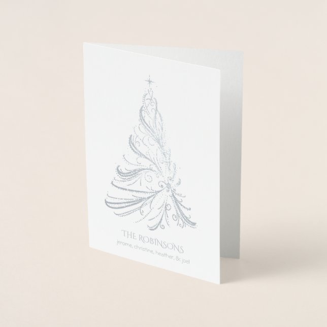 Modern Filigree Christmas Tree Silver Foil Card (Front)