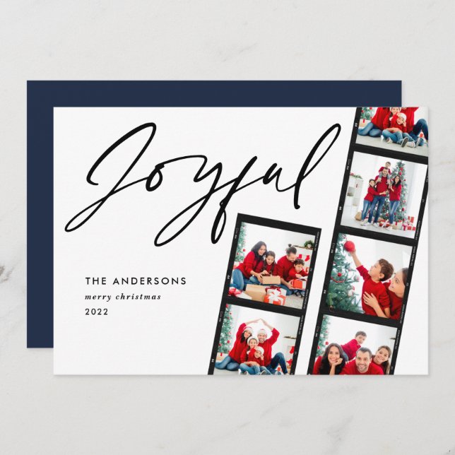 Modern film strip 5 Photo Joyful Christmas blue Holiday Card (Front/Back)