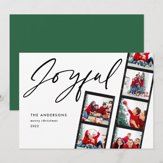 Modern film strip 5 Photo Joyful Christmas green Holiday Card (Front/Back)