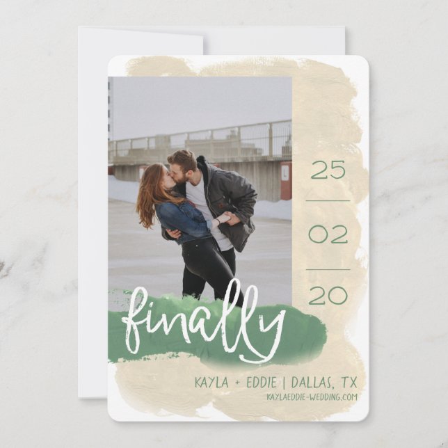 Modern Finally Watercolor Photo Tan Green Save The Date (Front)