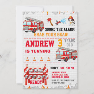 Modern Fire Fighter Station Rescue Truck Flames Invitation