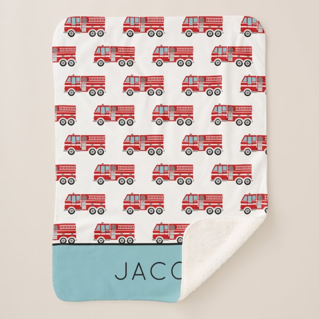 Modern Fire Truck Pattern Personalized Boy Sherpa Blanket (Front)