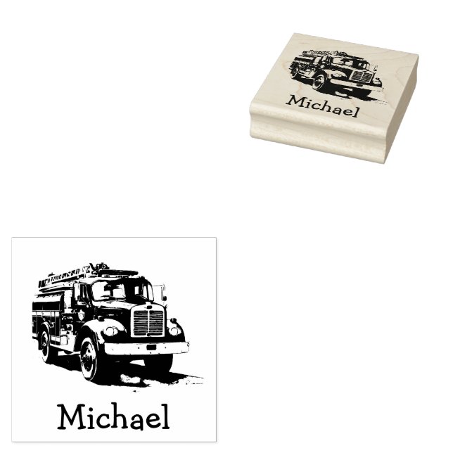 Modern Fire Truck Personalised Name  Rubber Stamp (Stamped)