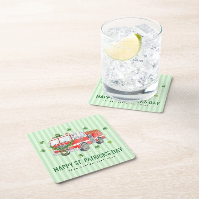 Modern Firefighter St. Patrick's Day Fire Truck Square Paper Coaster (Insitu)