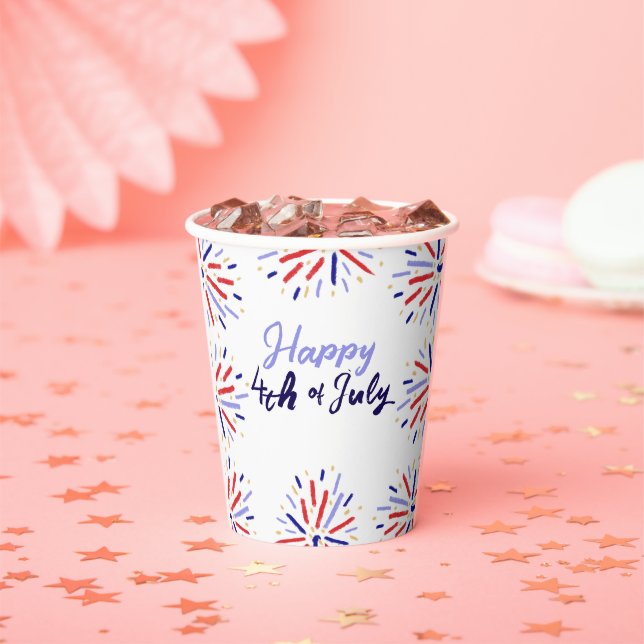Modern Firework Happy 4th of July Red Blue White  Paper Cups (Insitu)