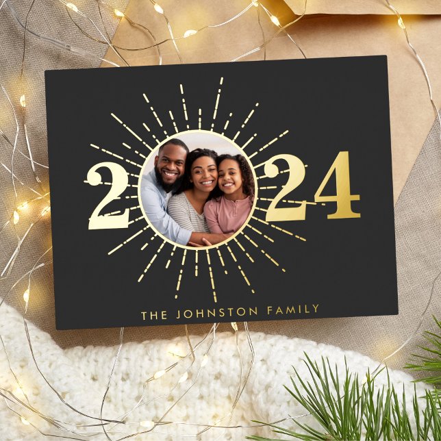 Modern Firework Happy New Year Photo  Foil Holiday Postcard (Creator Uploaded)