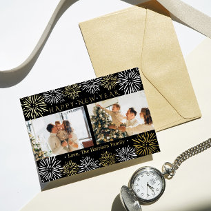 Modern Fireworks 2 Photo Happy New Year Real Foil Holiday Card