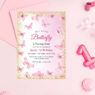 Modern First 1st Birthday Glitter Butterfly Party Invitation