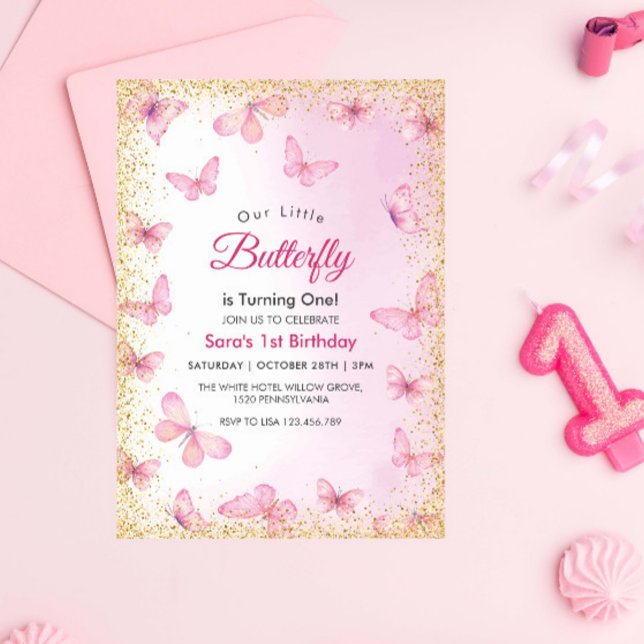 Modern First 1st Birthday Glitter Butterfly Party Invitation (Creator Uploaded)