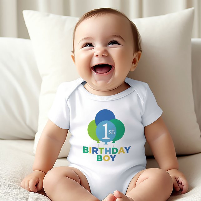 Modern First Birthday Baby Boy Blue Green Balloons Bodysuit (Creator Uploaded)