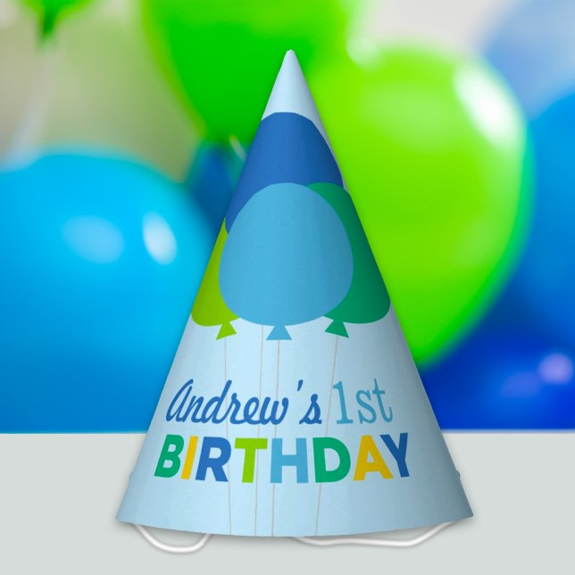 Modern First Birthday Boy Blue Green Balloons Party Hat (Creator Uploaded)