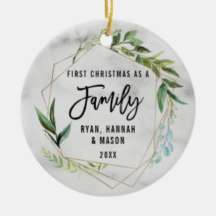 Modern First Christmas As A Family Photo Ceramic Ornament