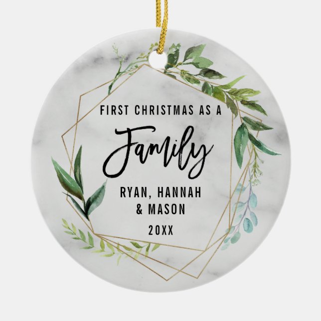 Modern First Christmas As A Family Photo Ceramic Ornament (Front)