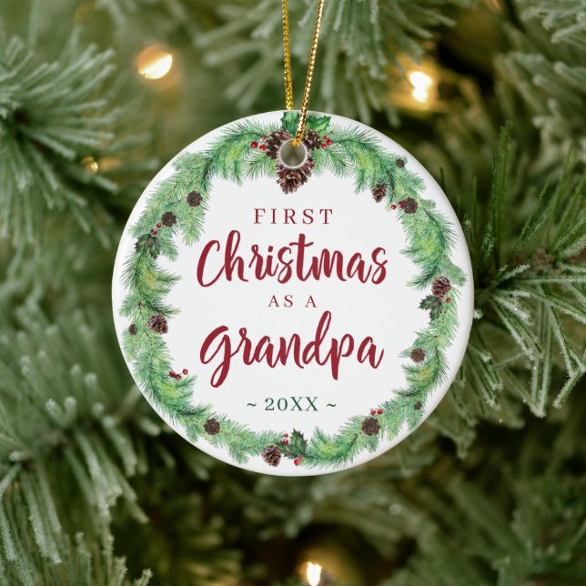 Modern FIRST CHRISTMAS AS A GRANDPA Photo Ceramic Ornament (Tree)
