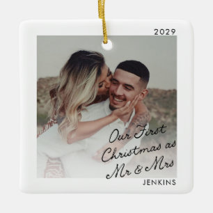 Modern First Christmas as Mr and Mrs Photo Ceramic Ornament