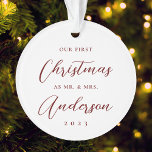 Modern First Christmas as Mr. Mrs. Photo Ornament<br><div class="desc">Custom-designed Christmas ornament featuring modern hand calligraphy "Our 1st Christmas" design.</div>