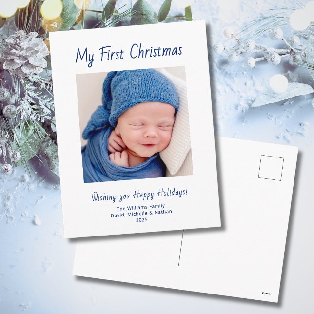 Modern First Christmas Baby Boy Photo Cute  Holiday Postcard (Creator Uploaded)