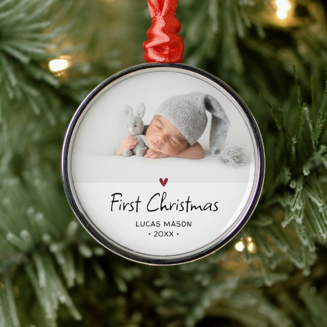 Modern First Christmas Baby Photo Metal Ornament (Tree)