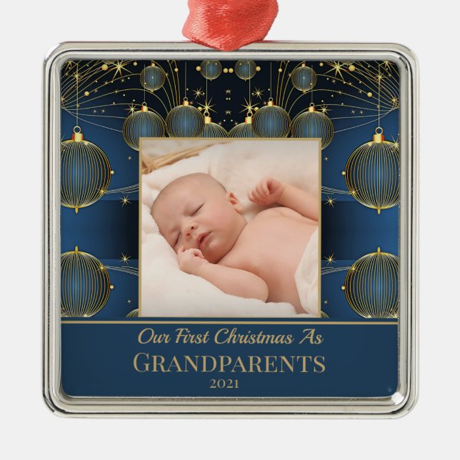 Modern First Christmas Blue Pattern Metal Ornament (Front)