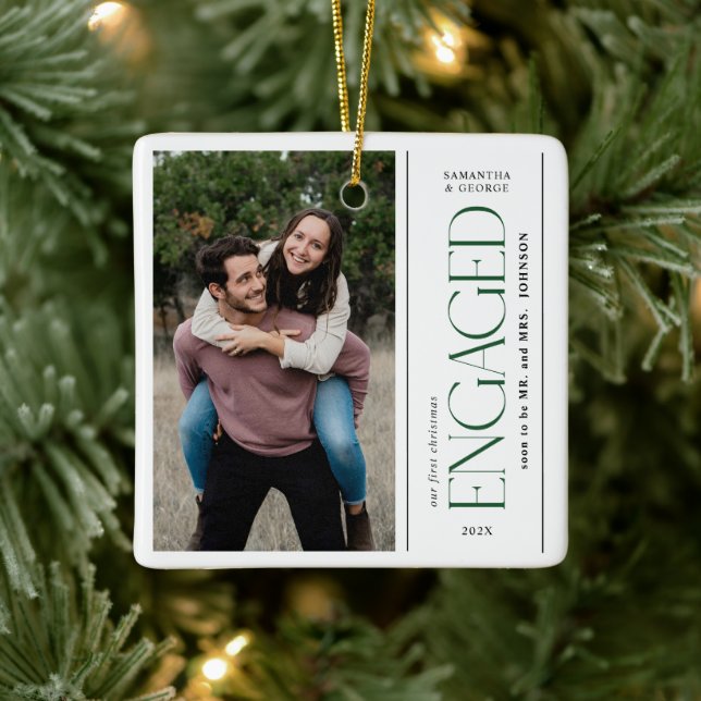 Modern First Christmas Engaged Couples Photo Ceramic Ornament (Tree)