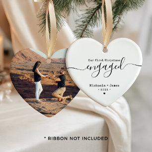Modern First Christmas Engaged Names & Photo Ceramic Ornament