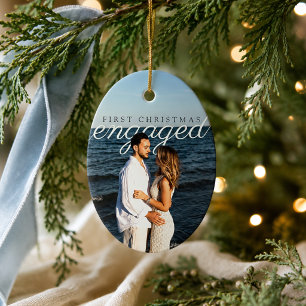 Modern First Christmas Engaged Photo Ceramic Ornament