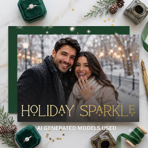 Modern First Christmas Engaged Photo Green Foil Holiday Card