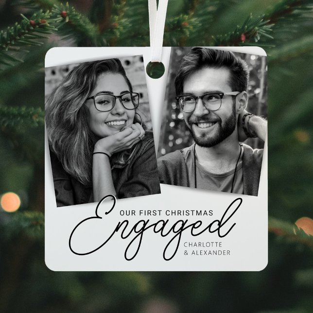 Modern First Christmas Engaged Photo Holiday Metal Tree Decoration (Creator Uploaded)