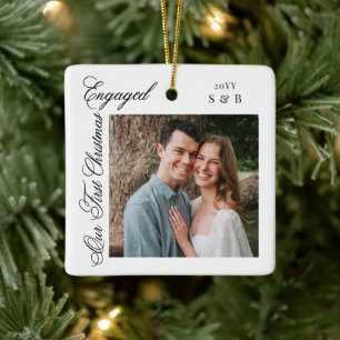 Modern First Christmas Engaged Script Couple Photo Ceramic Ornament