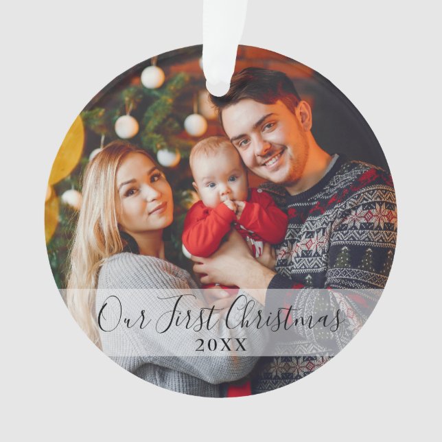 Modern First Christmas Family Photo Ornament (Front)