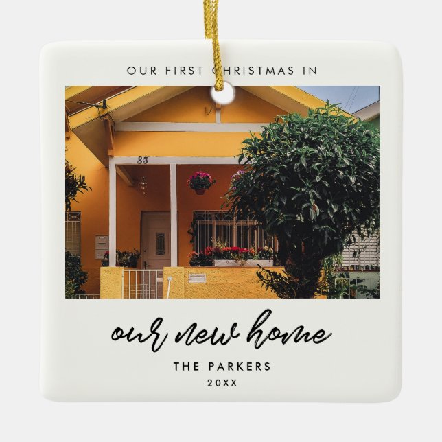 Modern First Christmas in our new home photo Ceramic Ornament (Front)