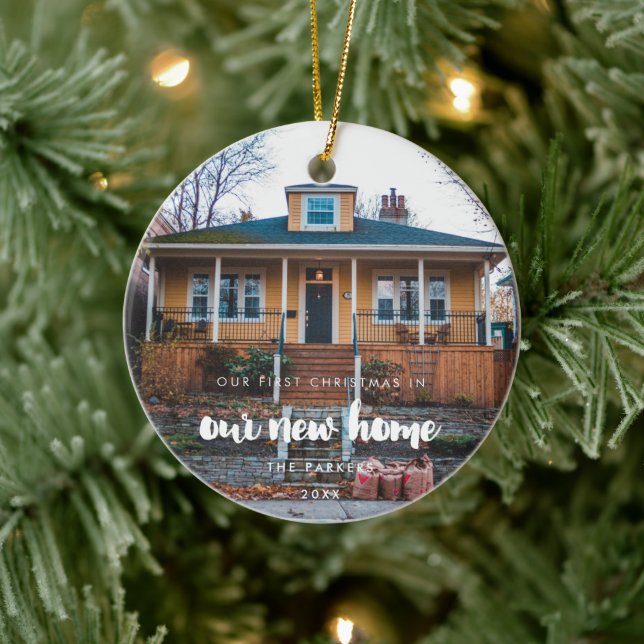 Modern First Christmas in our new home Photo Ceramic Ornament (Tree)