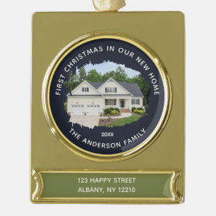 Modern First Christmas In Our New Home Photo  Gold Plated Banner Ornament