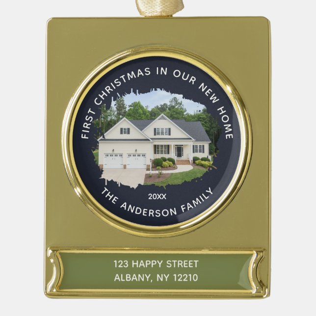 Modern First Christmas In Our New Home Photo  Gold Plated Banner Ornament (Front)