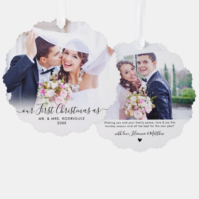 Modern First Christmas Married 2 Photo Christmas Tree Decoration Card (Front/Back)