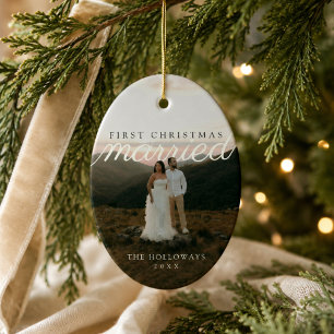 Modern First Christmas Married Newlywed Photo Ceramic Ornament