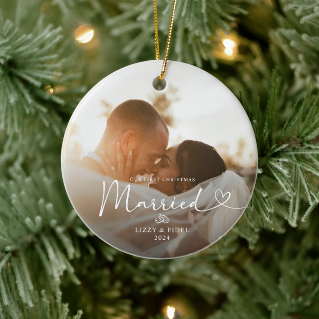 Modern First Christmas Married  Newlywed Photo  Ceramic Ornament (Tree)