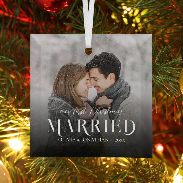 Modern First Christmas Married Newlywed Photo Glass Tree Decoration (Creator Uploaded)