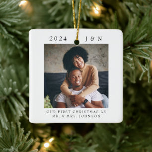 Modern First Christmas Married Photo Ceramic Ornament