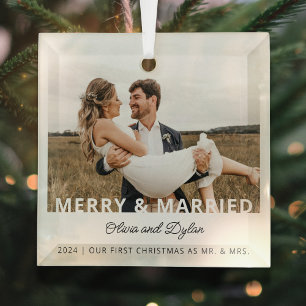 Modern First Christmas Married Photo Glass Tree Decoration