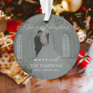 Modern First Christmas Married Photo Ornament