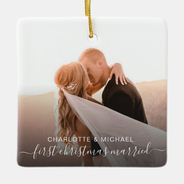 Modern First Christmas Married Wedding Photo Ceramic Ornament (Front)