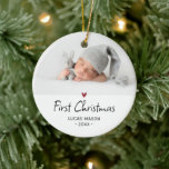 Modern First Christmas Photo Baby Ceramic Ornament<br><div class="desc">Baby's First Christmas holiday ornament. Design futures your favourite photo,  decorative accent heart in red and whimsical lettering.</div>