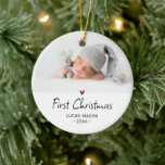 Modern First Christmas Photo Baby Ceramic Ornament<br><div class="desc">Baby's First Christmas holiday ornament. Design futures your favourite photo,  decorative accent heart in red and whimsical lettering.</div>