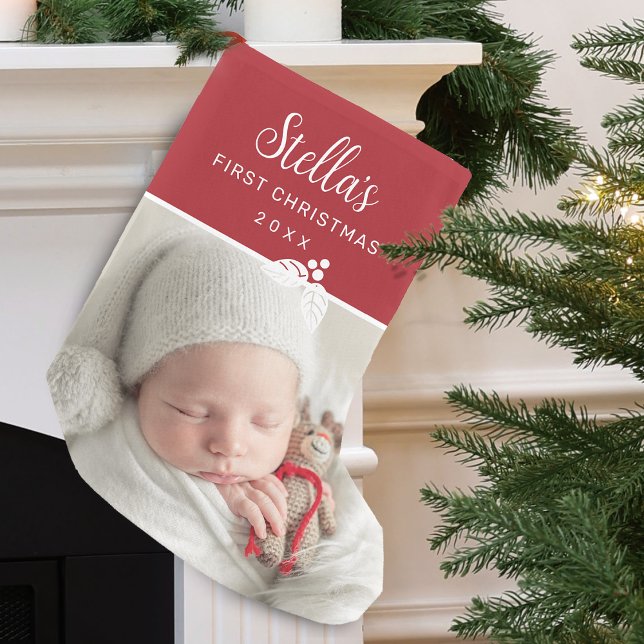 Modern First Christmas Photo Personalised Small Christmas Stocking (Modern First Christmas Photo Personalized Small Christmas Stocking)