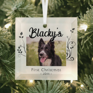 Modern First Christmas Puppy Foliage Red Photo Glass Tree Decoration